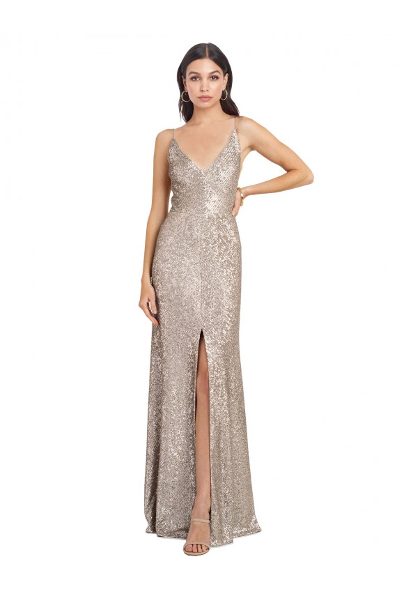 Argent Fourreau Col V Paillette Paillettes Scintillantes Longue Formelles Robes demoiselle d'honneur / Robes de soirée / Robes de bal à Bas Prix