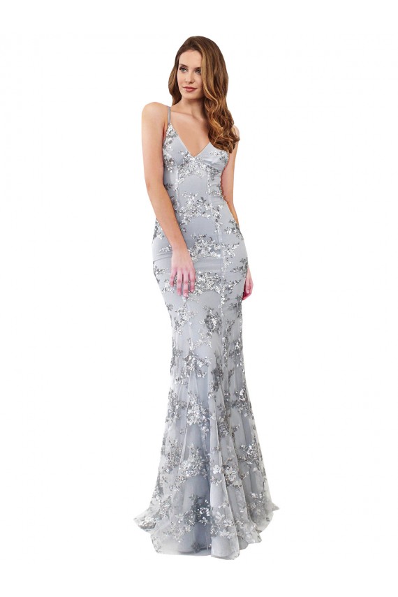 Argent Sirène Col V Crêpe Stretch Paillette Tulle Longue Formelles Robes demoiselle d'honneur / Robes de soirée / Robes de bal à Bas Prix