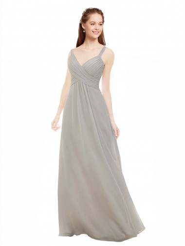 Argent Trapèze Bretelles spaghetti Col V Mousseline Longue Robes demoiselle d'honneur à Bas Prix