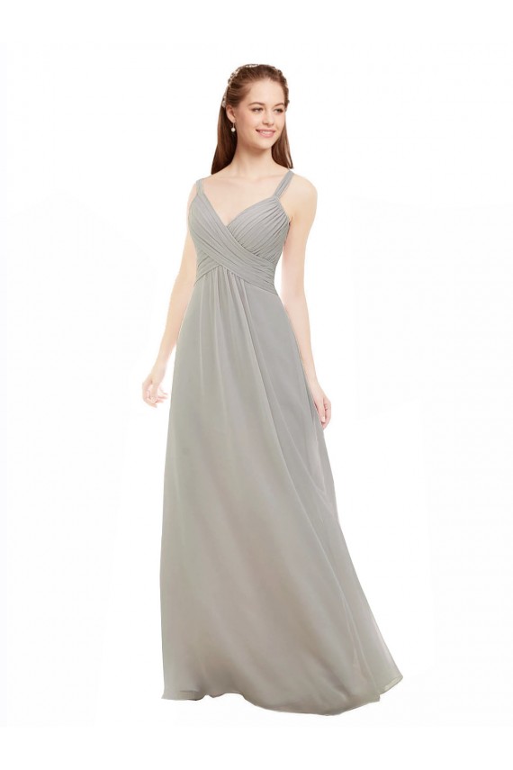 Argent Trapèze Bretelles spaghetti Col V Mousseline Longue Robes demoiselle d'honneur à Bas Prix