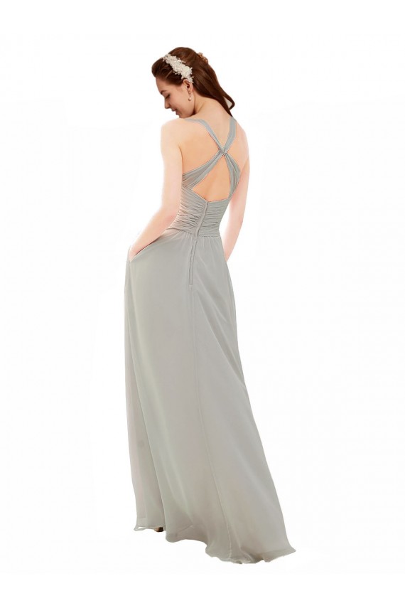 Argent Trapèze Bretelles spaghetti Col V Mousseline Longue Robes demoiselle d'honneur à Bas Prix