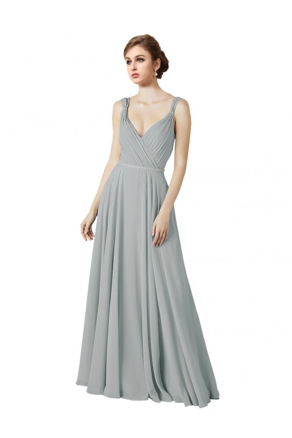 Argent Trapèze Col V Mousseline Longue Robes demoiselle d'honneur à Bas Prix