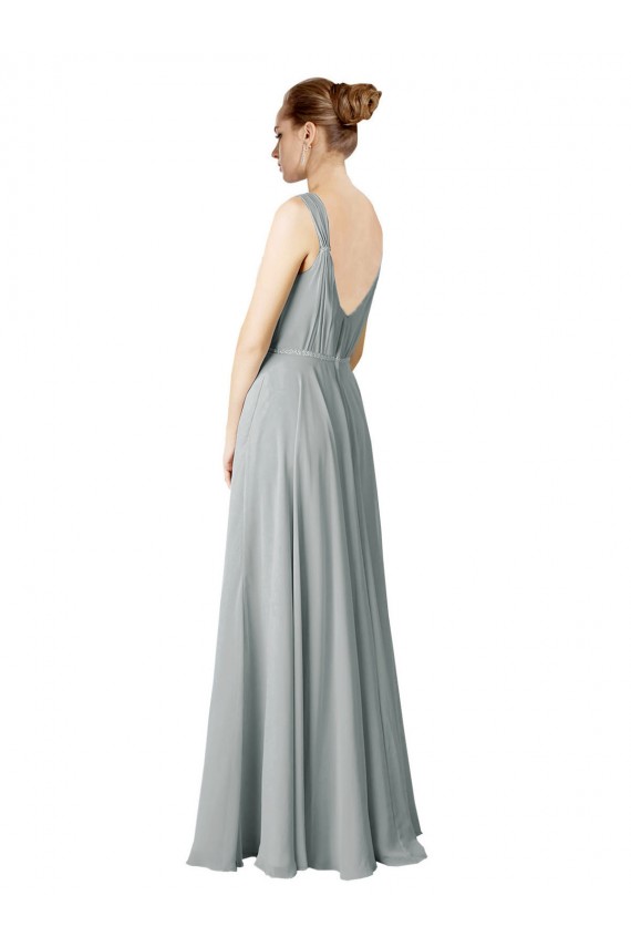 Argent Trapèze Col V Mousseline Longue Robes demoiselle d'honneur à Bas Prix