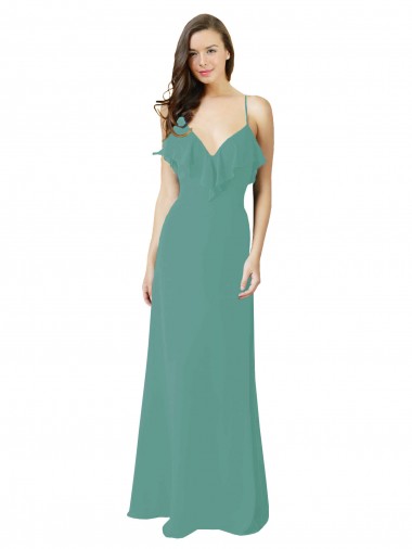 Argent islandais Trapèze Bretelles spaghetti Col V Mousseline Longue Robes demoiselle d'honneur à Bas Prix