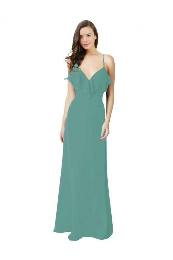 Argent islandais Trapèze Bretelles spaghetti Col V Mousseline Longue Robes demoiselle d'honneur à Bas Prix