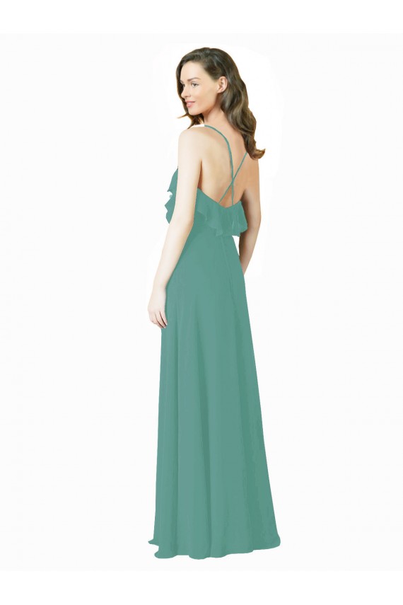 Argent islandais Trapèze Bretelles spaghetti Col V Mousseline Longue Robes demoiselle d'honneur à Bas Prix