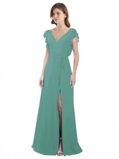 Argent islandais Trapèze Col V Mousseline Longue Robes demoiselle d'honneur à Bas Prix