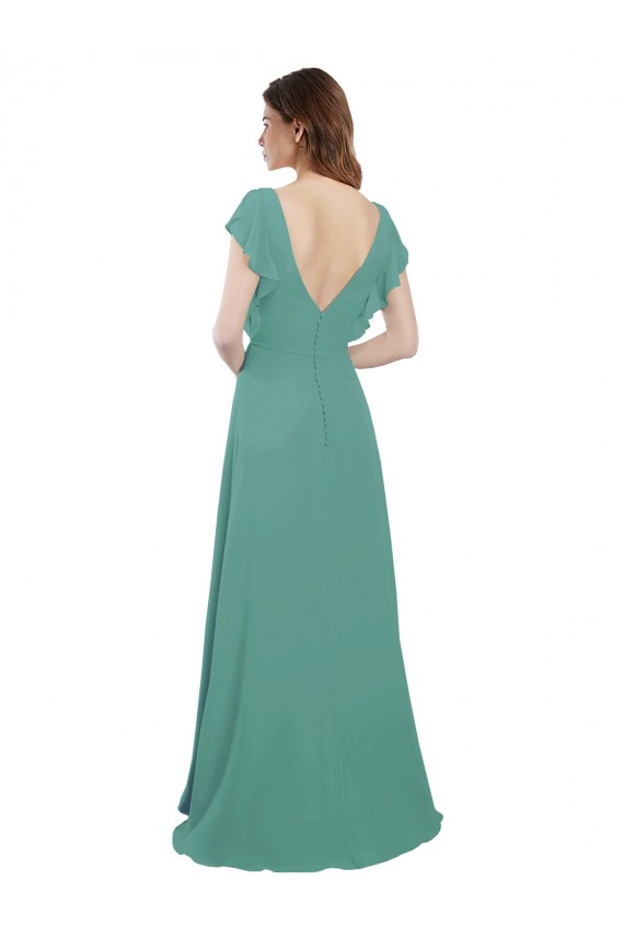 Argent islandais Trapèze Col V Mousseline Longue Robes demoiselle d'honneur à Bas Prix