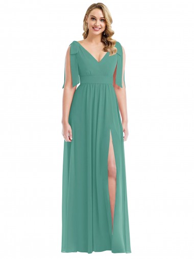 Argent islandais Trapèze Col V Mousseline Longue Robes demoiselle d'honneur à Bas Prix
