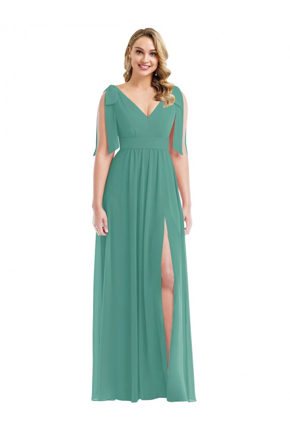 Argent islandais Trapèze Col V Mousseline Longue Robes demoiselle d'honneur à Bas Prix