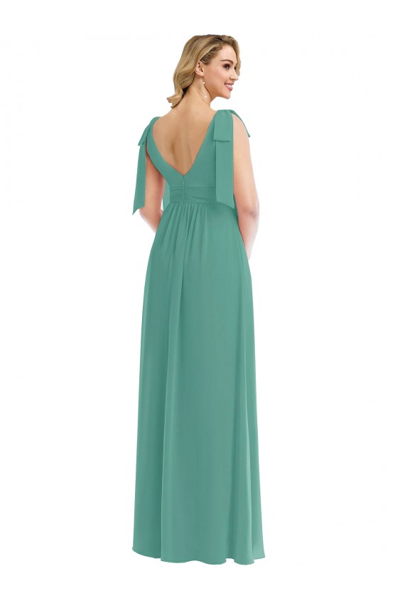 Argent islandais Trapèze Col V Mousseline Longue Robes demoiselle d'honneur à Bas Prix