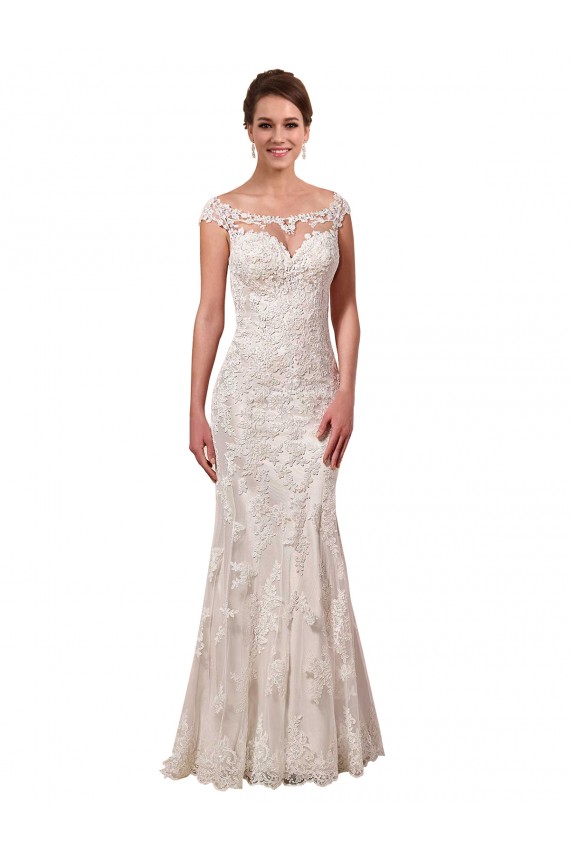 Blanc Fourreau Bateau Illusion Dentelle Robes de mariée à Bas Prix