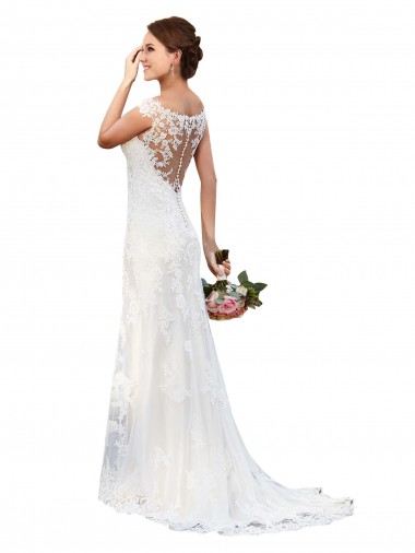 Blanc Fourreau Bateau Illusion Dentelle Robes de mariée à Bas Prix