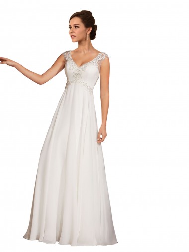 Blanc Fourreau Col V Mousseline Dentelle Robes de mariée à Bas Prix