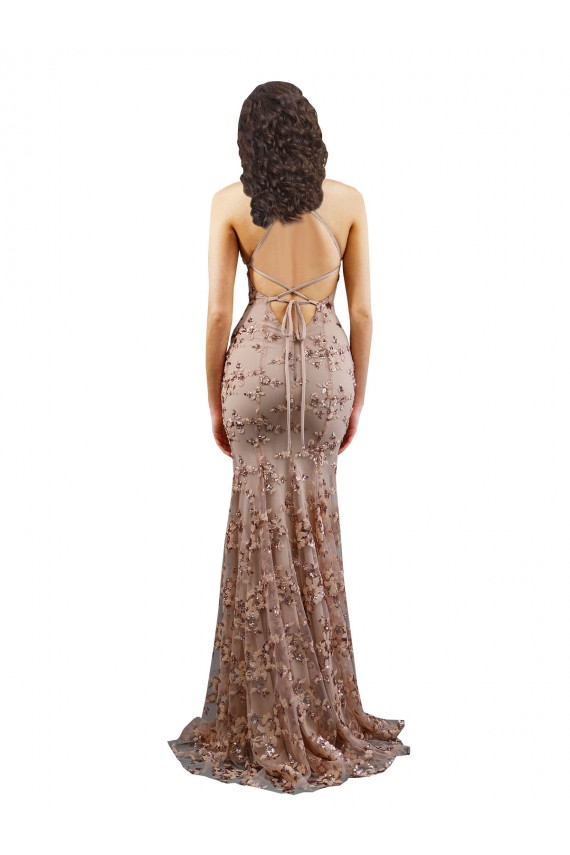 Or rose Sirène Col V Crêpe Stretch Paillette Tulle Longue Formelles Robes demoiselle d'honneur / Robes de soirée / Robes de bal à Bas Prix