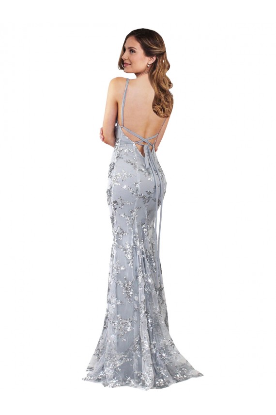 Argent Sirène Col V Crêpe Stretch Paillette Tulle Longue Formelles Robes demoiselle d'honneur / Robes de soirée / Robes de bal à Bas Prix