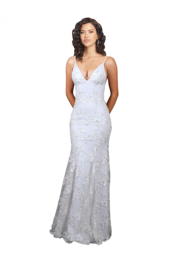 Blanc Sirène Col V Crêpe Stretch Paillette Tulle Longue Formelles Robes demoiselle d'honneur / Robes de soirée / Robes de bal à Bas Prix