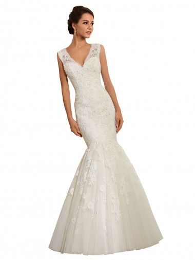 Blanc Sirène Col V Tulle Dentelle Robes de mariée à Bas Prix