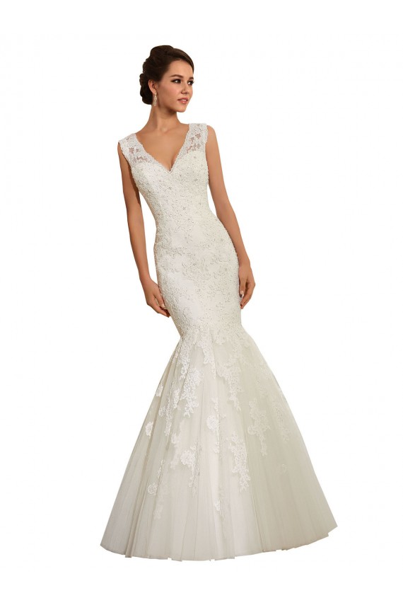 Blanc Sirène Col V Tulle Dentelle Robes de mariée à Bas Prix