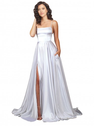 Blanc Trapèze Bretelles spaghetti Satiné Stretch Simple Plage Robes de mariée à Bas Prix