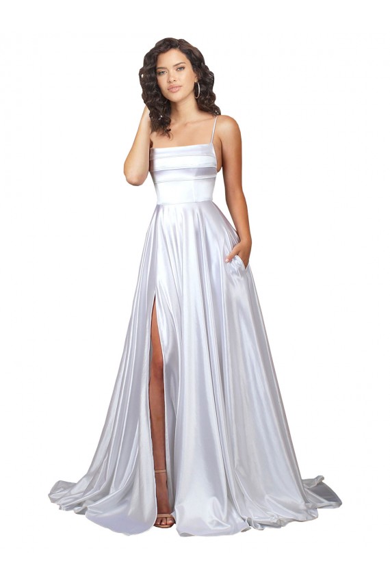 Blanc Trapèze Bretelles spaghetti Satiné Stretch Simple Plage Robes de mariée à Bas Prix