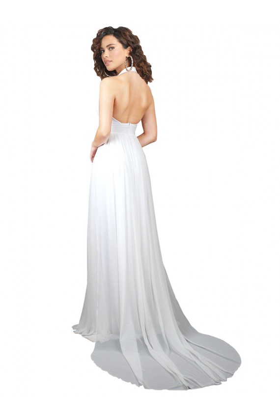 Blanc Trapèze Col V Balayage train Mousseline Longue Robes demoiselle d'honneur à Bas Prix