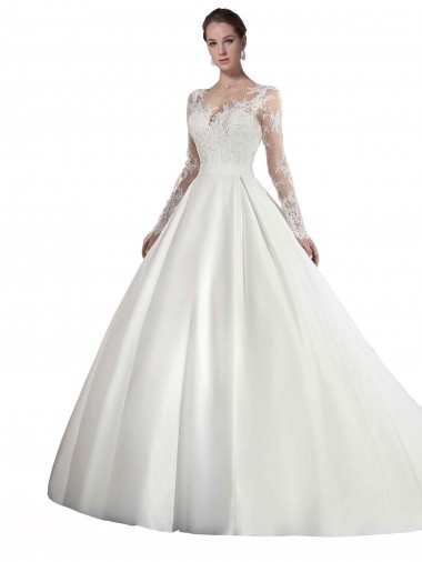Blanc Trapèze Illusion Traîne cathédrale Satiné Dentelle Robes de mariée à Bas Prix