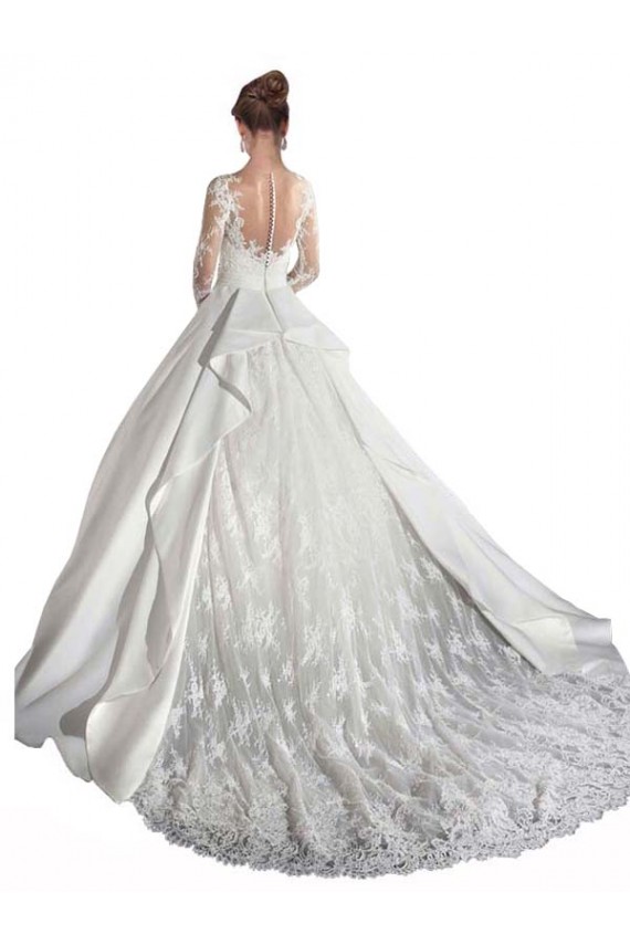 Blanc Trapèze Illusion Traîne cathédrale Satiné Dentelle Robes de mariée à Bas Prix