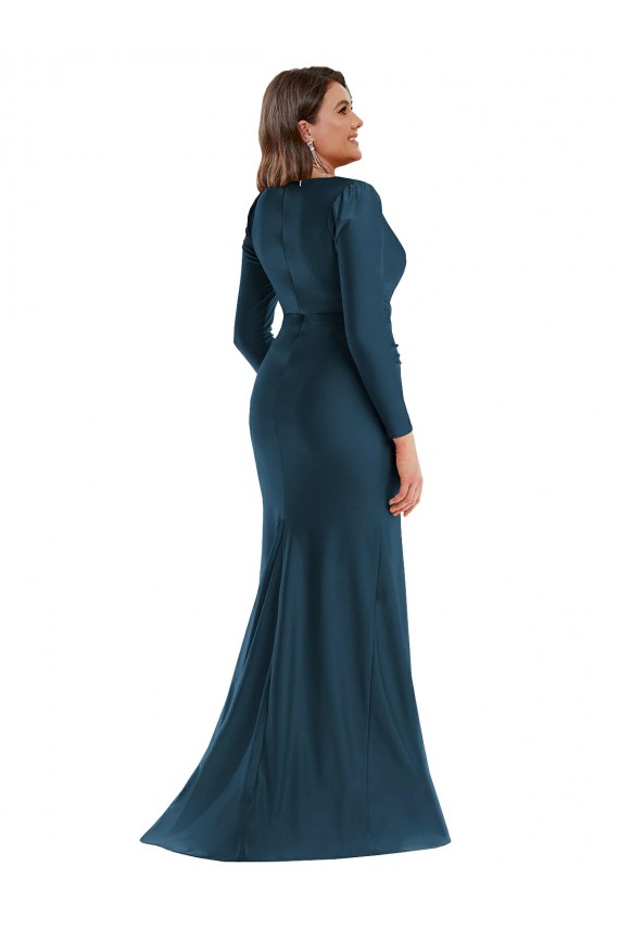 Bleu Atlantic Sirène Col V Satiné Soyeux Longue Formelles Robes demoiselle d'honneur / Robes de soirée / Robes de bal à Bas Prix