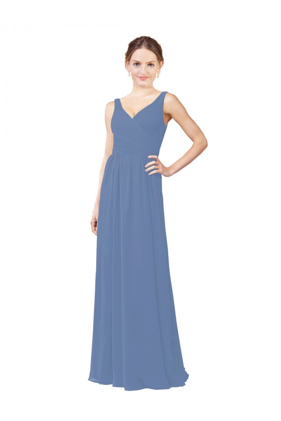 Bleu Windsor Fourreau Col V Mousseline Longue Robes demoiselle d'honneur à Bas Prix