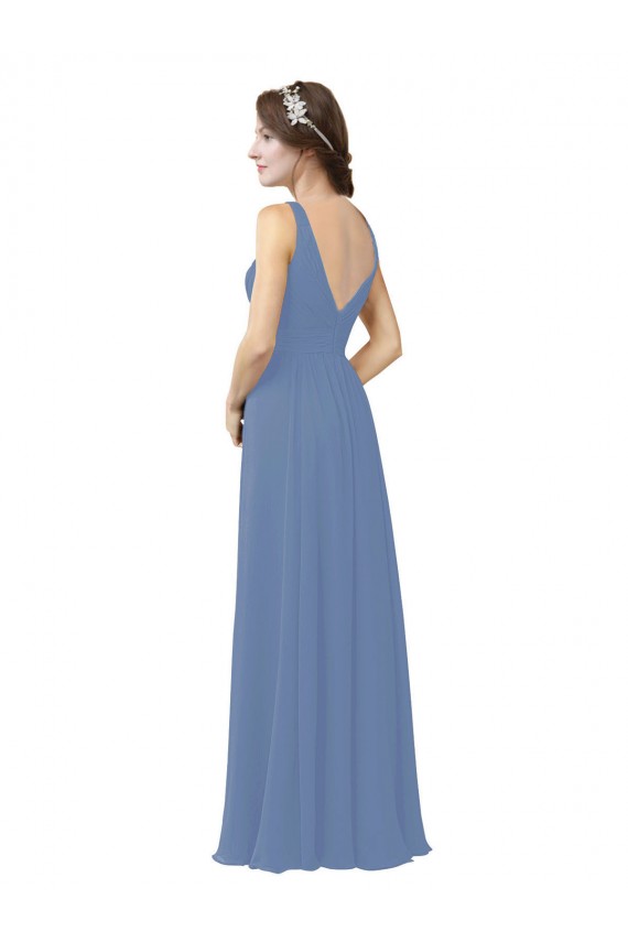 Bleu Windsor Fourreau Col V Mousseline Longue Robes demoiselle d'honneur à Bas Prix
