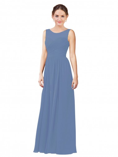 Bleu Windsor Fourreau Illusion Mousseline Longue Robes demoiselle d'honneur à Bas Prix
