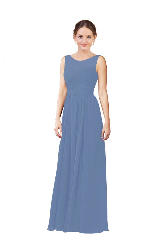 Bleu Windsor Fourreau Illusion Mousseline Longue Robes demoiselle d'honneur à Bas Prix