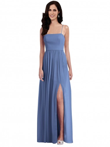 Bleu Windsor Trapèze Bretelles spaghetti Mousseline Longue Robes demoiselle d'honneur à Bas Prix