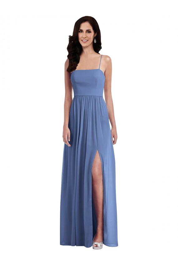 Bleu Windsor Trapèze Bretelles spaghetti Mousseline Longue Robes demoiselle d'honneur à Bas Prix