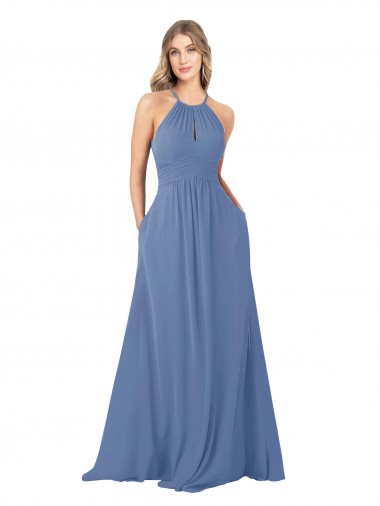 Bleu Windsor Trapèze Col Haut Mousseline Longue Robes demoiselle d'honneur à Bas Prix
