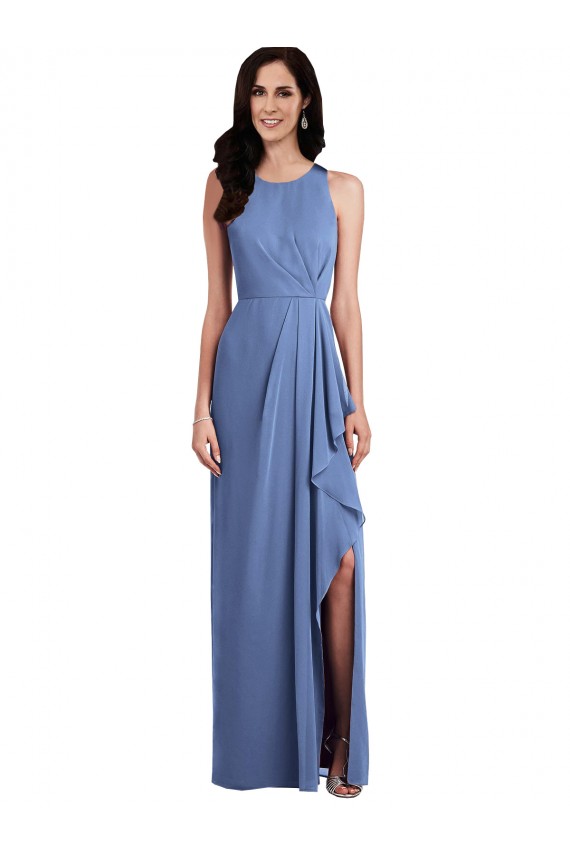 Bleu Windsor Trapèze Col bijou Mousseline Longue Robes demoiselle d'honneur à Bas Prix