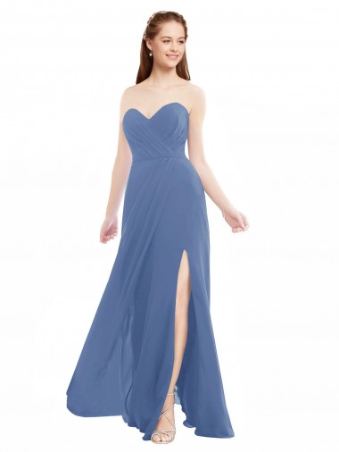 Bleu Windsor Trapèze Sans bretelle Mousseline Longue Robes demoiselle d'honneur à Bas Prix