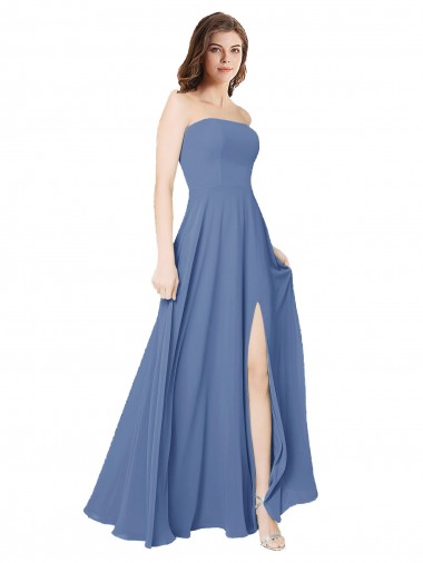 Bleu Windsor Trapèze Sans bretelle Mousseline Longue Robes demoiselle d'honneur à Bas Prix
