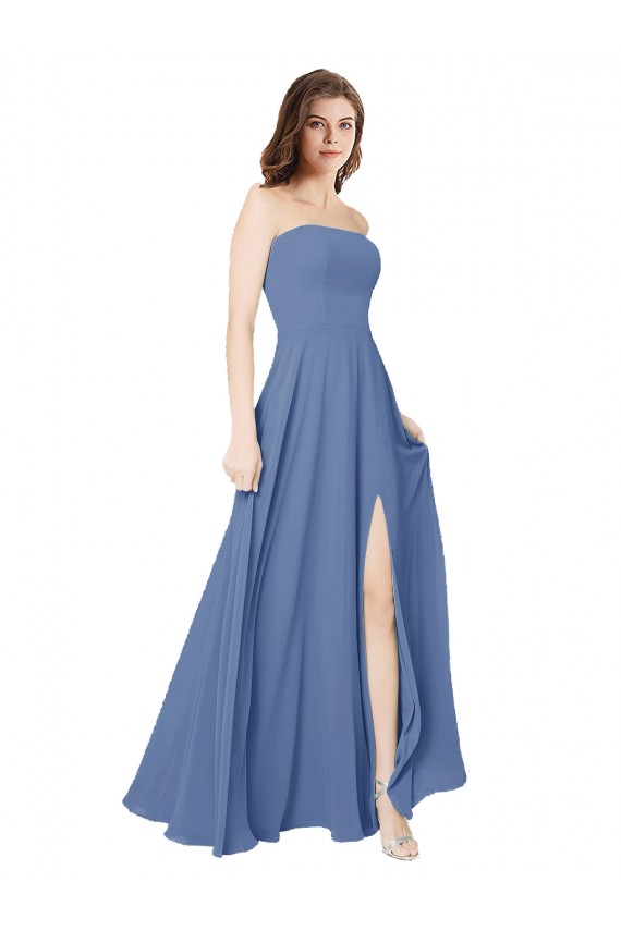 Bleu Windsor Trapèze Sans bretelle Mousseline Longue Robes demoiselle d'honneur à Bas Prix