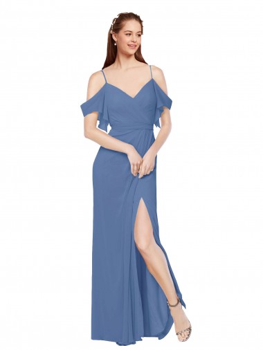 Bleu Windsor Trapèze Épaule Dénudée Mousseline Longue Robes demoiselle d'honneur à Bas Prix