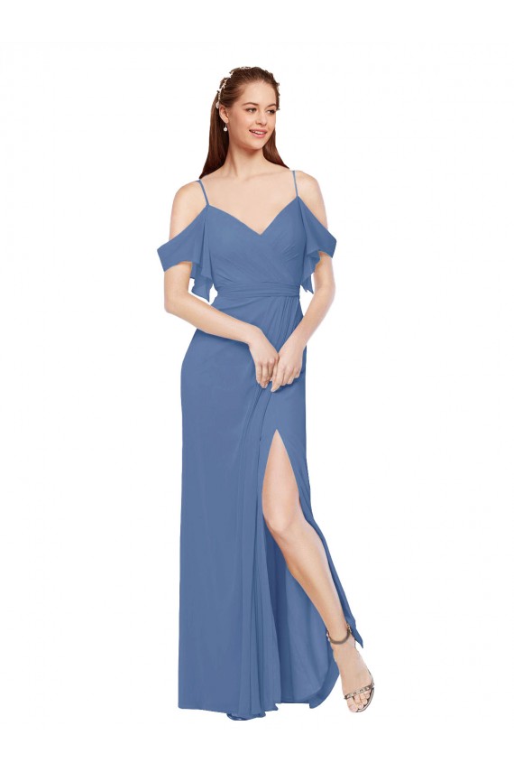 Bleu Windsor Trapèze Épaule Dénudée Mousseline Longue Robes demoiselle d'honneur à Bas Prix