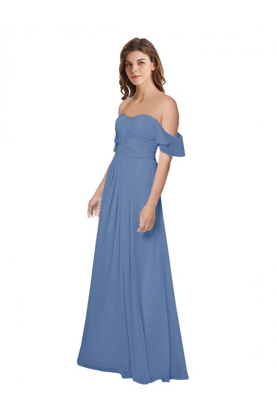 Bleu Windsor Trapèze Épaule Dénudée Sans bretelle Mousseline Longue Robes demoiselle d'honneur à Bas Prix