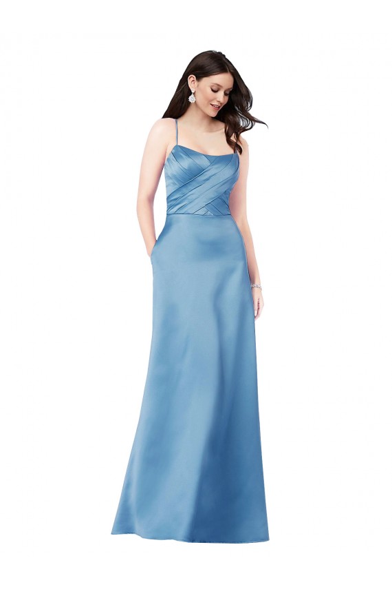 Bleu ciel Fourreau Bretelles spaghetti Col Carré Satiné Longue Formelles Robes demoiselle d'honneur / Robes de soirée / Robes de bal à Bas Prix