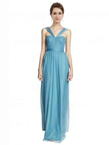 Bleu ciel Trapèze Bretelles spaghetti Col V Tulle Longue Robes demoiselle d'honneur à Bas Prix