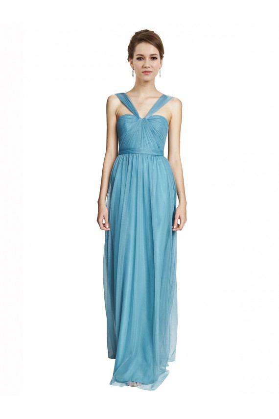 Bleu ciel Trapèze Bretelles spaghetti Col V Tulle Longue Robes demoiselle d'honneur à Bas Prix