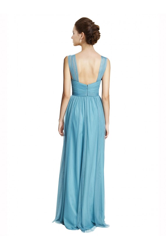 Bleu ciel Trapèze Bretelles spaghetti Col V Tulle Longue Robes demoiselle d'honneur à Bas Prix