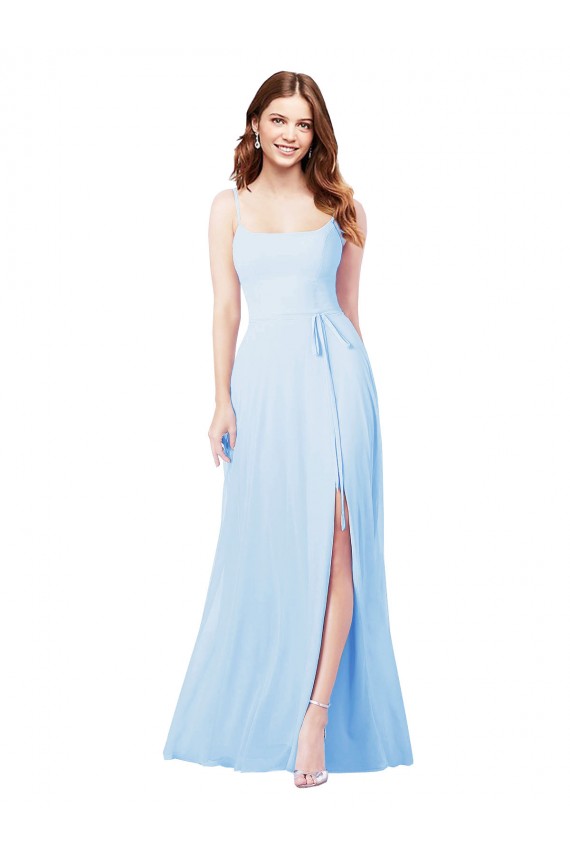Bleu ciel clair Fourreau Bretelles spaghetti Col Carré Mousseline Longue Robes demoiselle d'honneur à Bas Prix