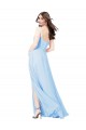 Bleu ciel clair Fourreau Bretelles spaghetti Col Carré Mousseline Longue Robes demoiselle d'honneur à Bas Prix