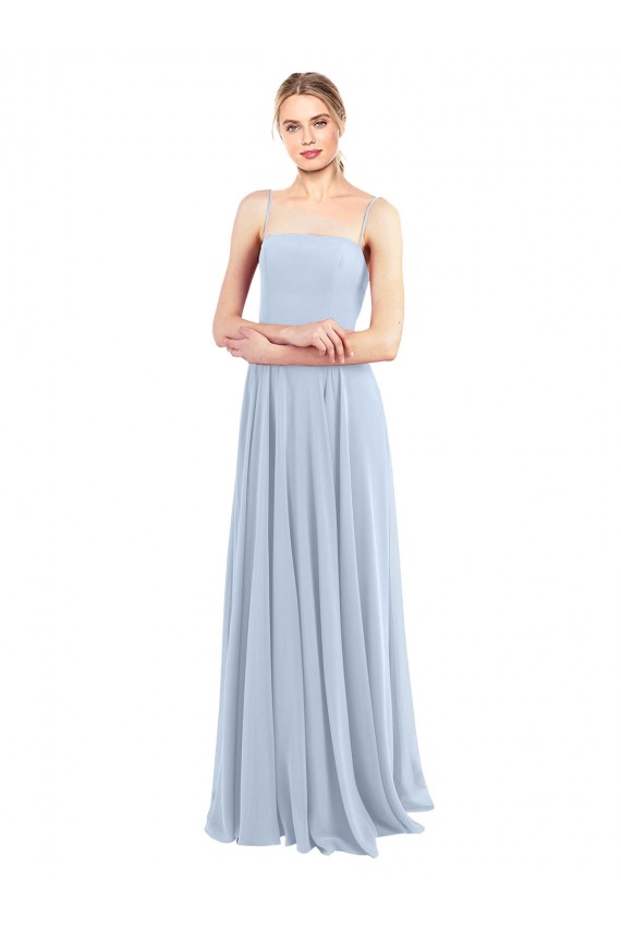 Bleu ciel clair Trapèze Bretelles spaghetti Col Carré Mousseline Longue Robes demoiselle d'honneur à Bas Prix